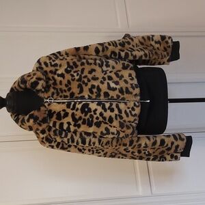 Leopard Print Faux Fur Bomber Jacket Animal Print Zip Front Size L